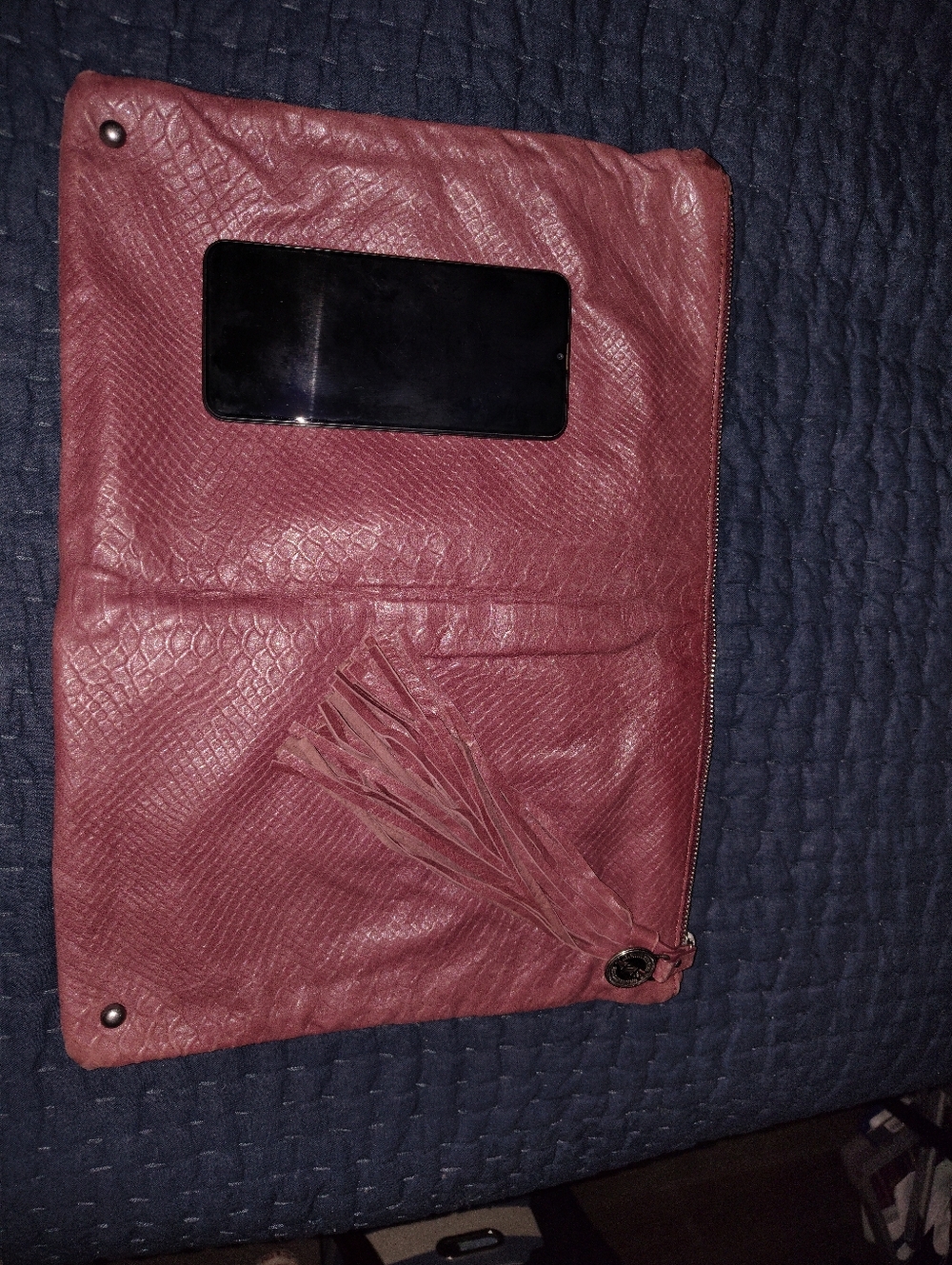 Textured Tassel Clutch in Deep Wine Leather